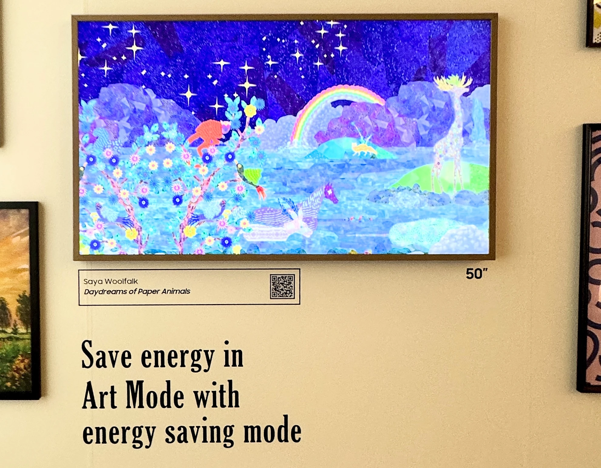 Photograph of Samsung's 2024 The Frame TV with the caption 'Save energy in Art Mode with energy saving mode'