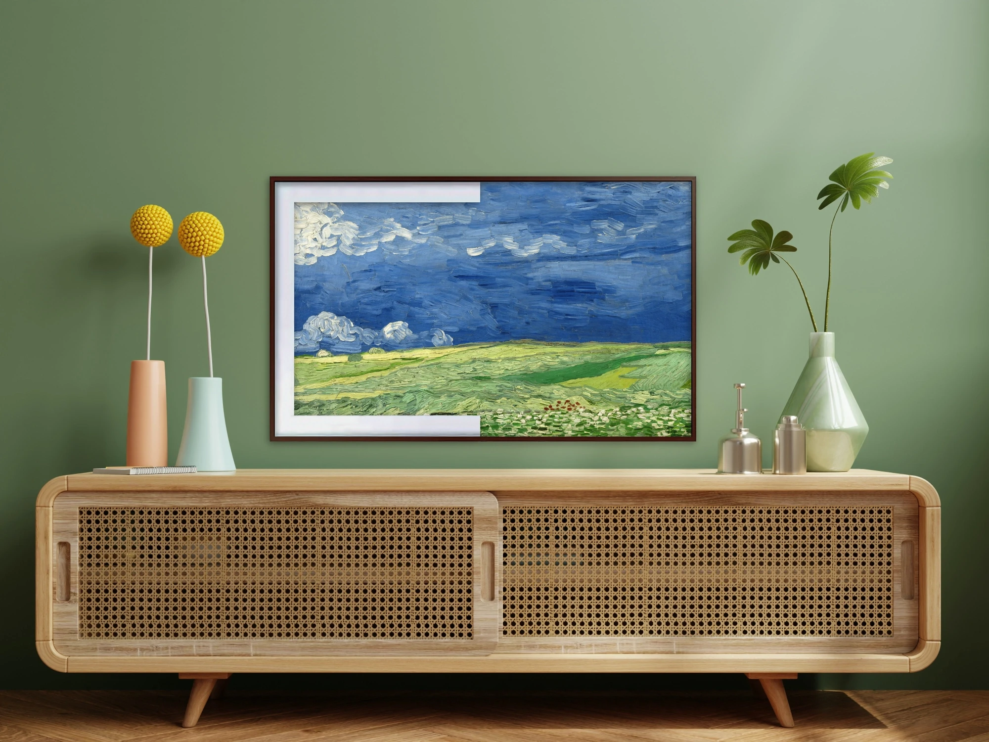 Image of a well-decorated living room with an art TV showing an artwork with and without a mat