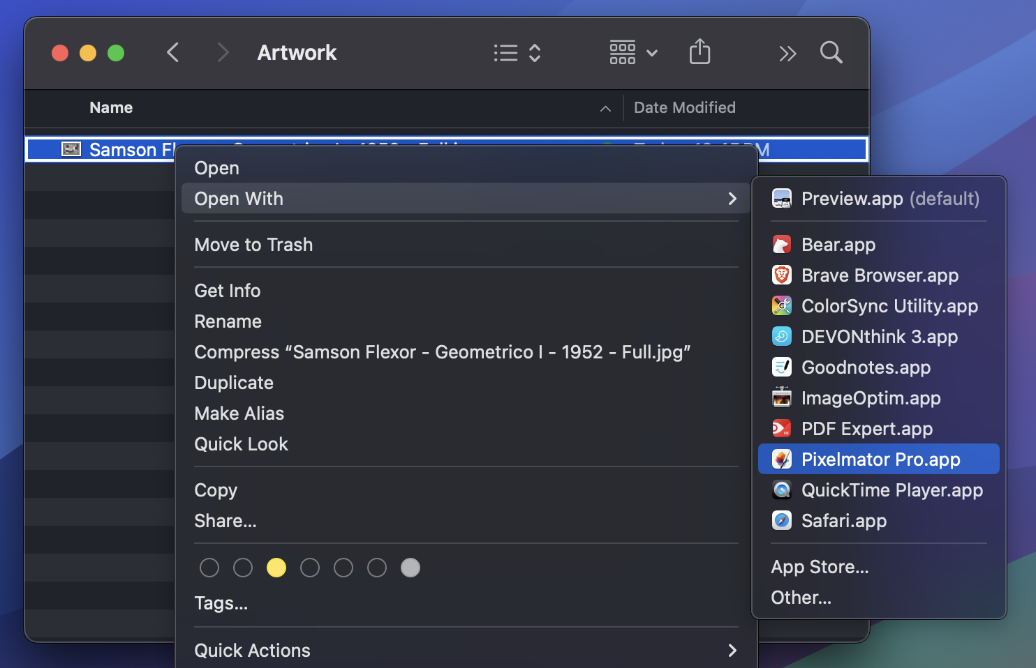 A screenshot of the Open With context menu on macOS, with Pixelmator Pro.app highlighted