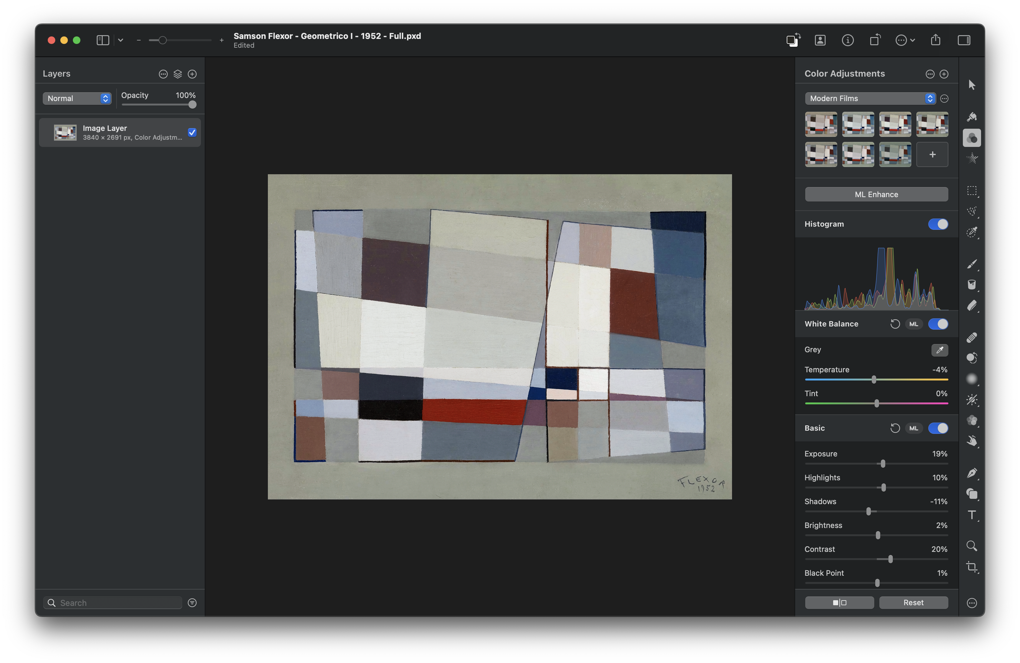 A screenshot of Pixelmator Pro with color corrections applied to the artwork