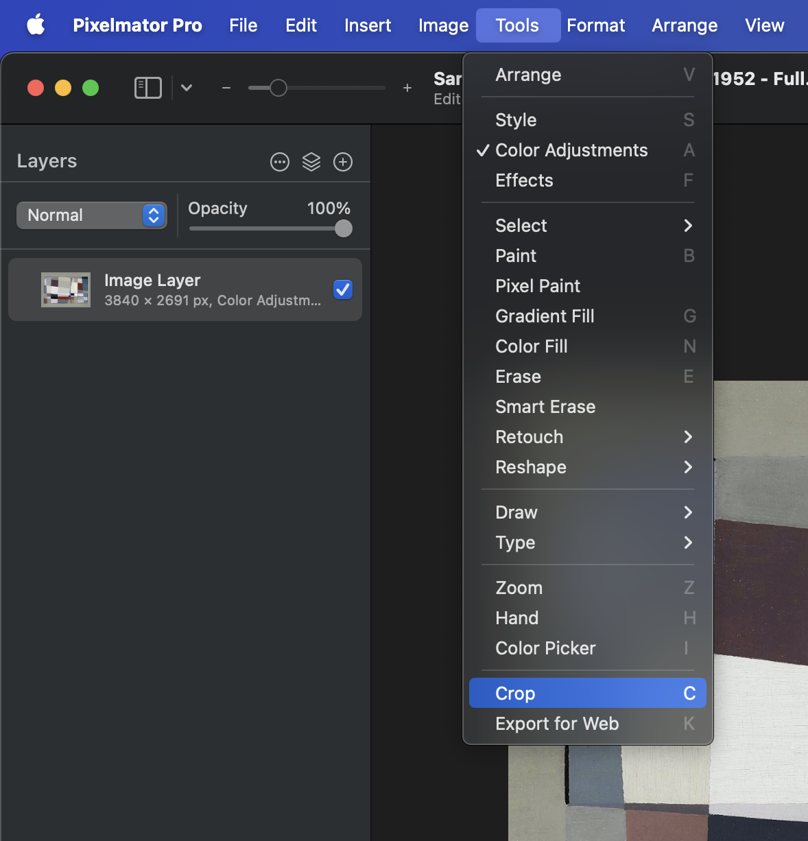 Screenshot of the Pixelmator Pro Tools menu with Crop highlighted