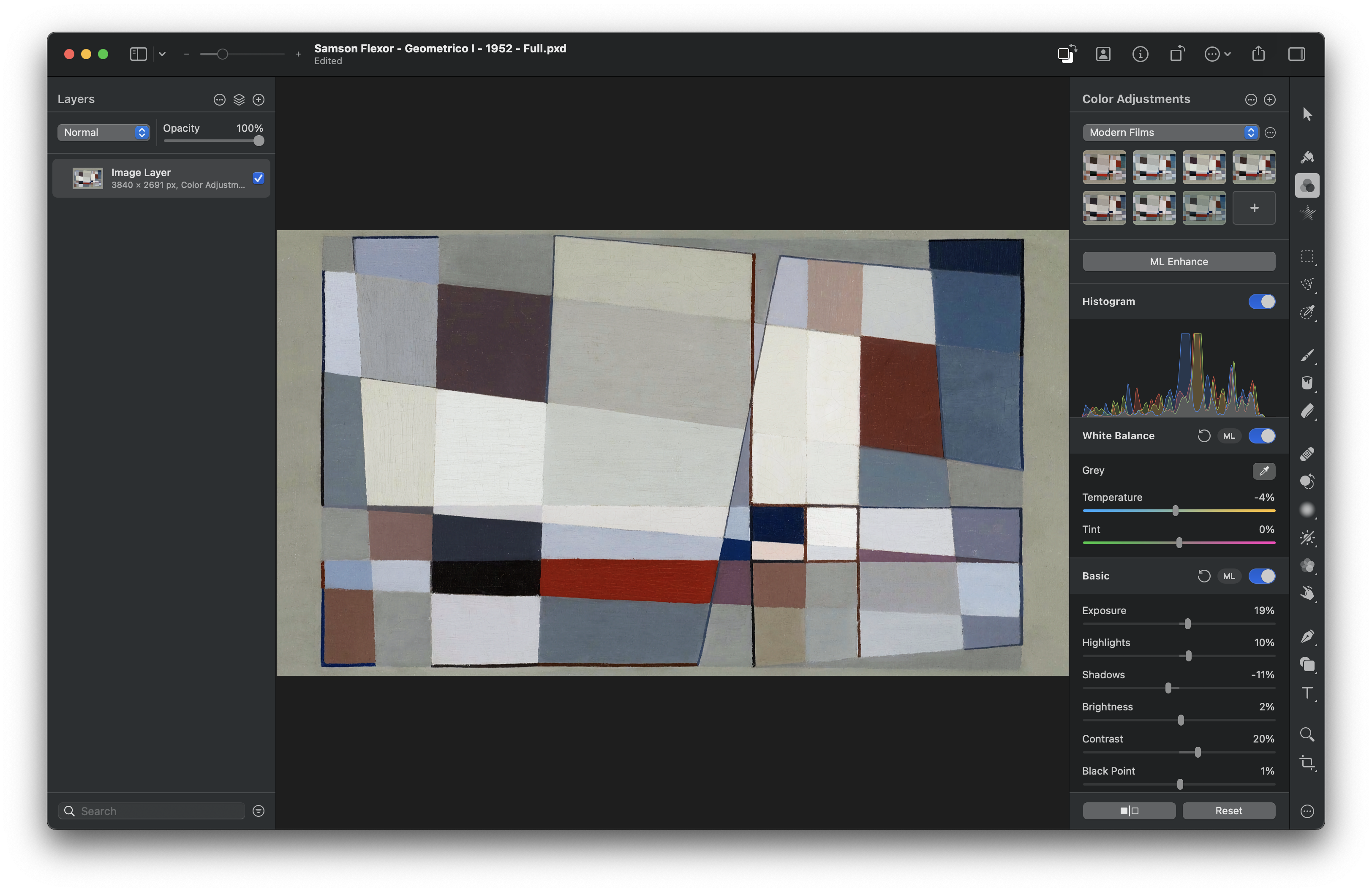 A screenshot of the full Pixelmator Pro window showing the final adjusted and cropped artwork