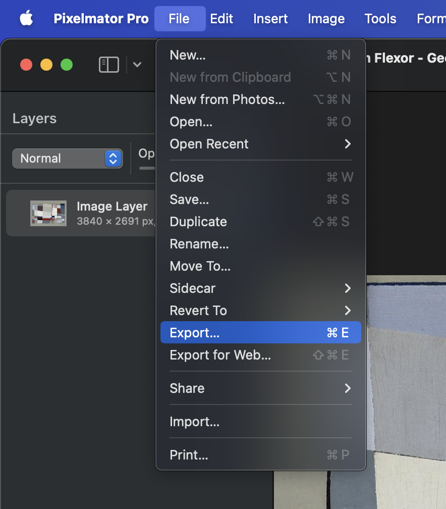 A screenshot of the File menu in Pixelmator Pro with Export… highlighted