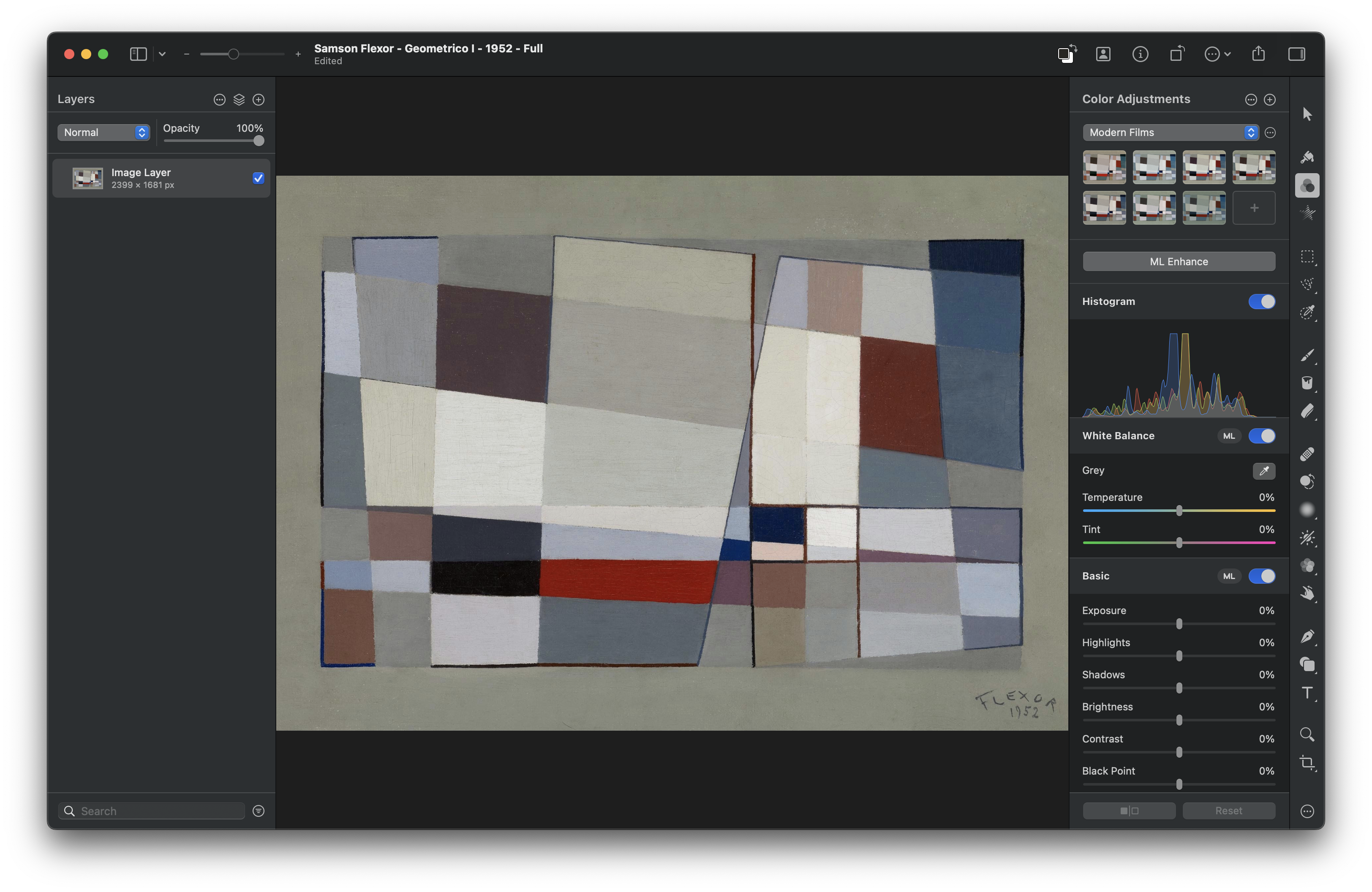 Screenshot of Pixelmator Pro with the original 'Geometrico I' artwork opened