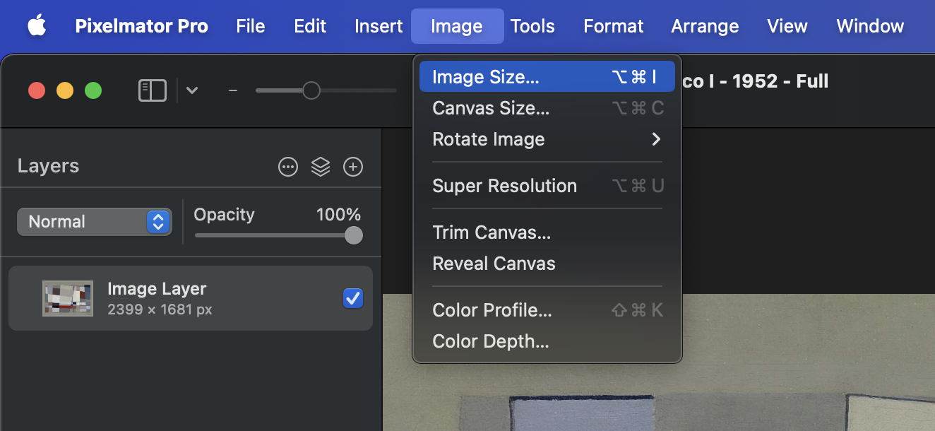 A screenshot of the Pixelmator Pro Image menu with Image Size… highlighted