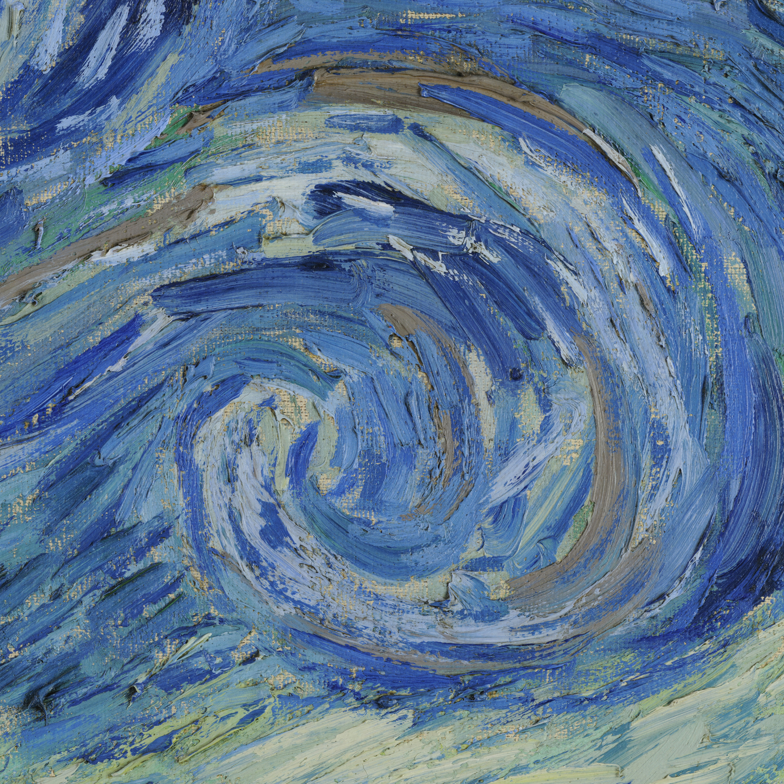 Detail image showing the individual brush strokes in a swirl in the sky of The Starry Night by Vincent van Gogh