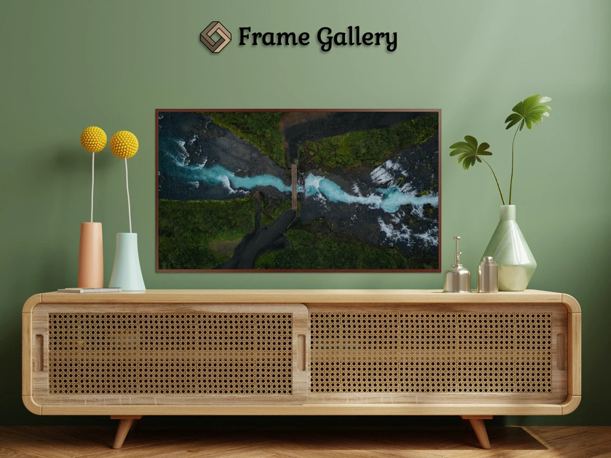 Birds eye view of Brúarfoss - Vibrant artwork for 4K TV - Free download available