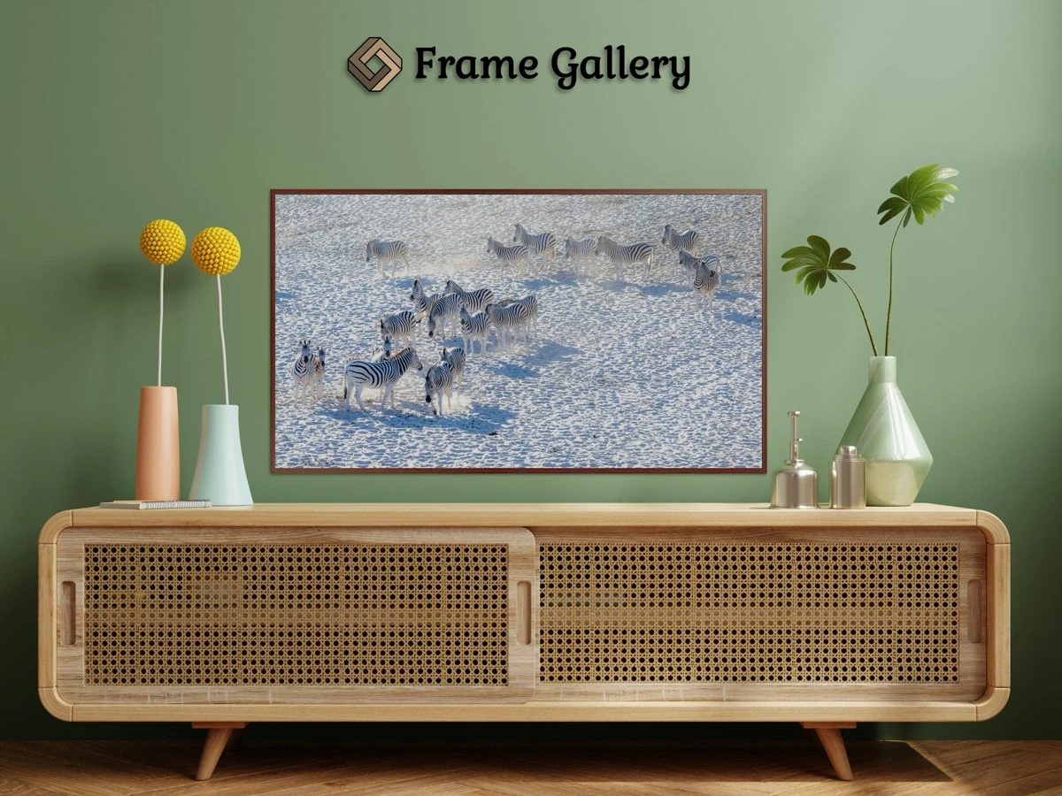 Zebra herd on white sand - Vibrant artwork for 4K TV - Free download available