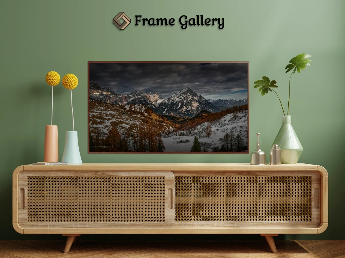 Mountain landscape in the Dolomites with snow during Autumn - Vibrant artwork for 4K TV - Free download available