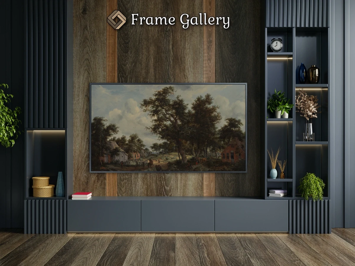 A Wooded Landscape with Travelers on a Path through a Hamlet - Downloadable 4K TV Art