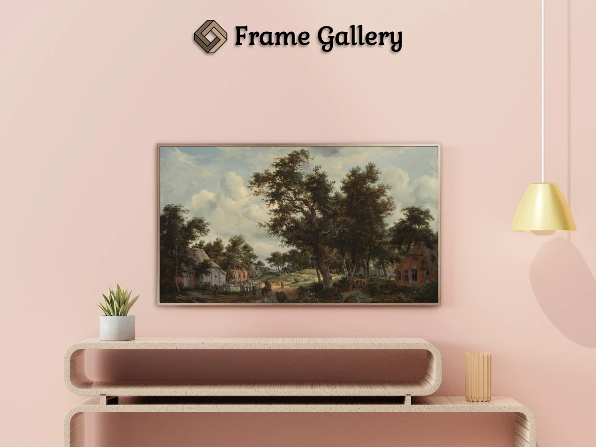 A Wooded Landscape with Travelers on a Path through a Hamlet - Enhance your Frame TV and Canvas TV