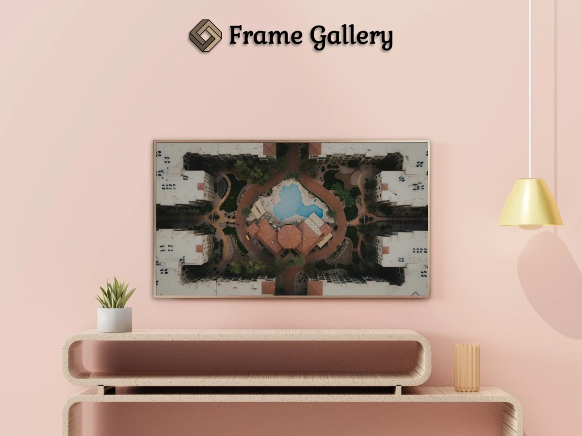 Aerial view of a building with a pool - Beautiful free art for 4K TV and Frame TV