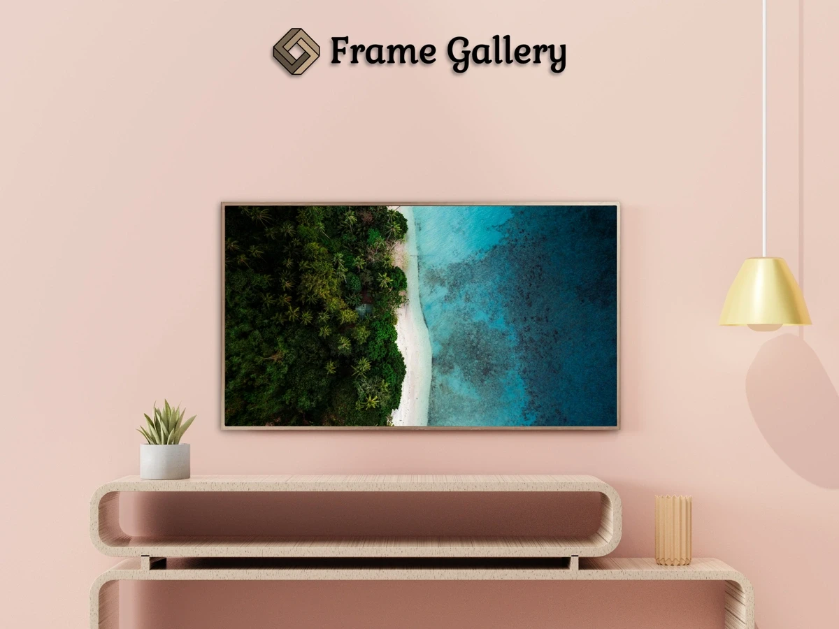 Aerial view of a sandy beach and ocean - Beautiful free art for 4K TV and Frame TV