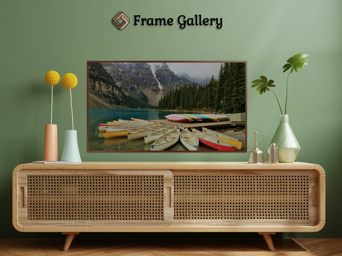 Canoes at Lake Moraine - Vibrant artwork for 4K TV - Free download available