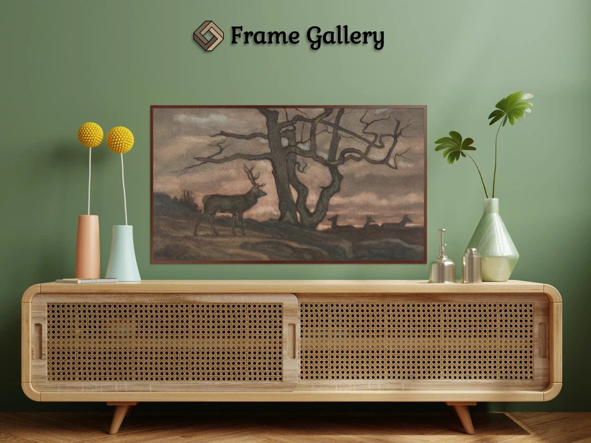 Deer and Tree Against Sunset for 4K TV - High-resolution artwork available