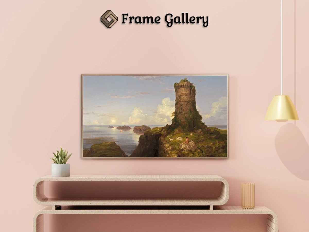 Italian Coast Scene with Ruined Tower - Enhance your Frame TV and Canvas TV