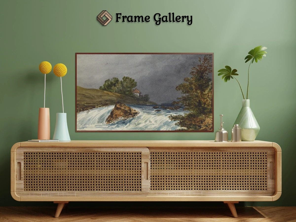 River Scene with House for 4K TV - High-resolution artwork available