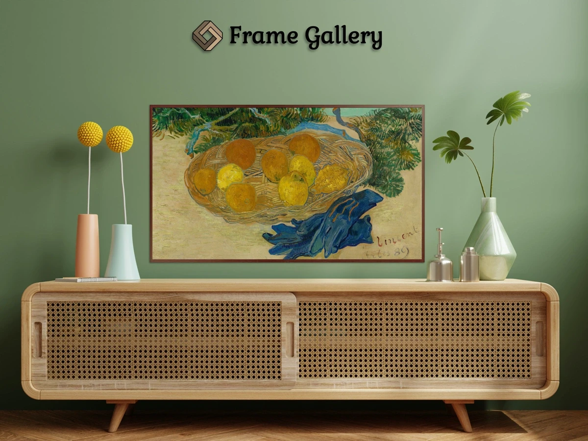 Still Life of Oranges and Lemons with Blue Gloves for 4K TV - High-resolution artwork available