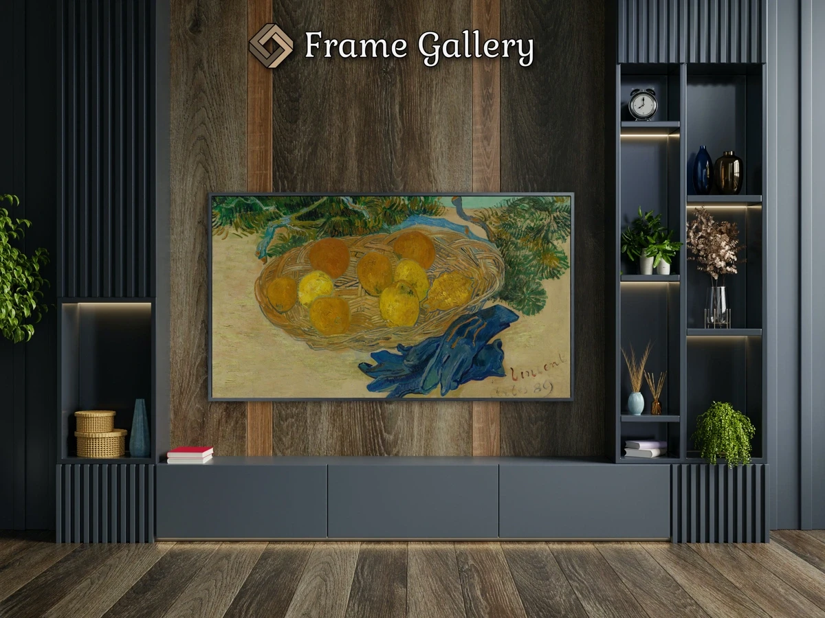 Still Life of Oranges and Lemons with Blue Gloves - Downloadable 4K TV Art