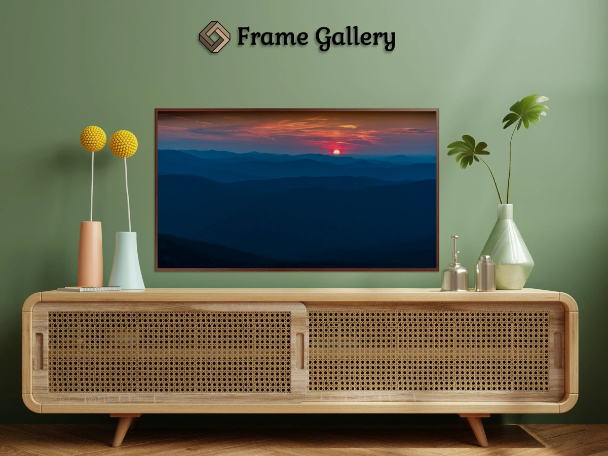 Sunset over a mountain range - Vibrant artwork for 4K TV - Free download available