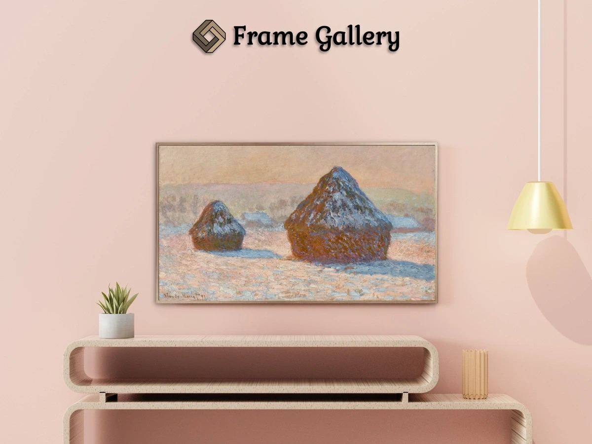 Wheatstacks, Snow Effect, Morning - Enhance your Frame TV and Canvas TV