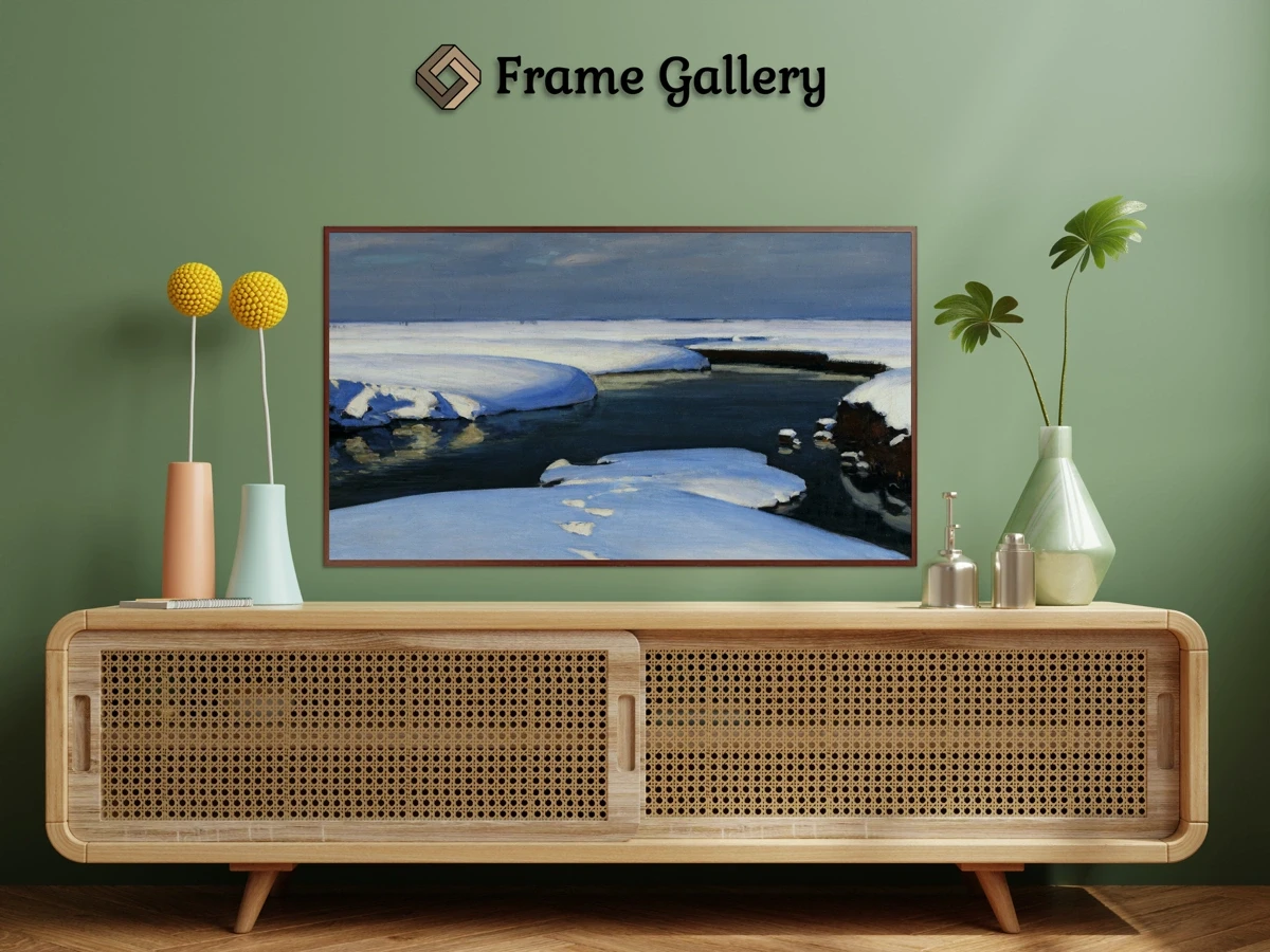 Winter landscape with a river for 4K TV - High-resolution artwork available